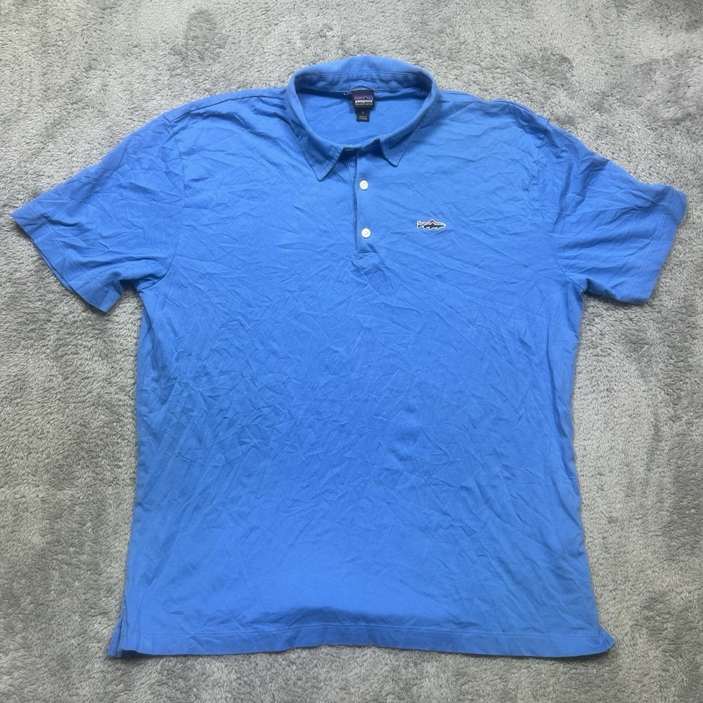 Patagonia Polo Shirt Men's L Blue Trout Fitz Roy Fish Organic Cotton 52206